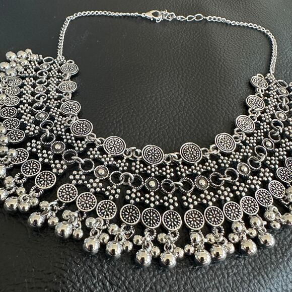 Bollywood Desi Boho Oxidized Filigree Silver Tone Necklace - Picture 3 of 5